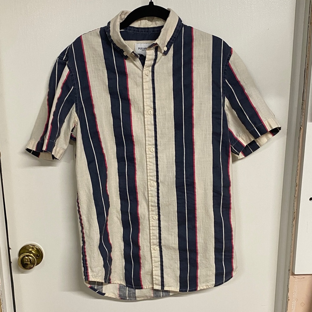 Pull&Bear Men's Striped Button-Down Shirt - Navy, Cream, Red